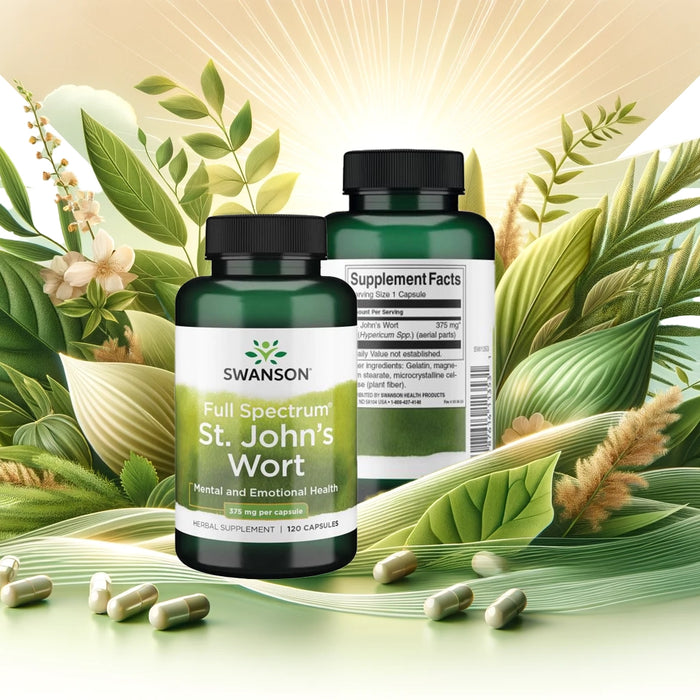 Header image displaying a bottle of Swanson St. John's Wort 375mg capsules surrounded by a serene backdrop of green leaves and soft sunlight, symbolizing natural wellness and tranquility.