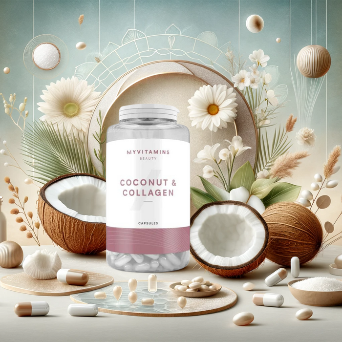 Header image for MyVitamins Coconut & Collagen Capsules blog, featuring a bottle of the capsules with coconut and collagen elements, against a soft natural-toned background with floral motifs, symbolizing natural wellness and beauty
