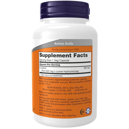 NOW Foods L-Lysine 500 mg 100 Capsules | Premium Supplements at MYSUPPLEMENTSHOP