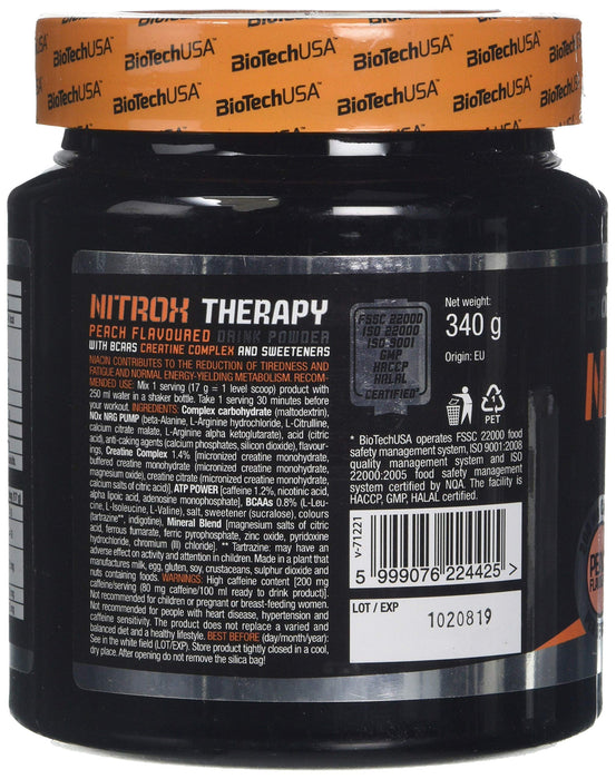 BioTechUSA Nitrox Therapy, Peach - 340 grams | High-Quality Nitric Oxide Boosters | MySupplementShop.co.uk
