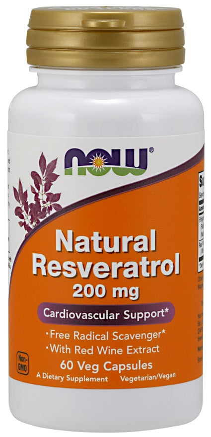 NOW Foods Natural Resveratrol with Red Wine Extract, 200mg - 60 vcaps - Health and Wellbeing at MySupplementShop by NOW Foods